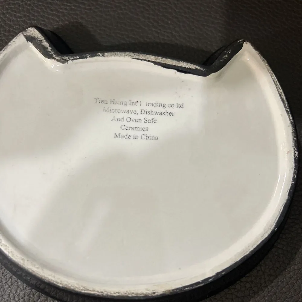 Ceramic Black Cat Plate. Black Finish, Green Eyes. Food Dish Or Decorative